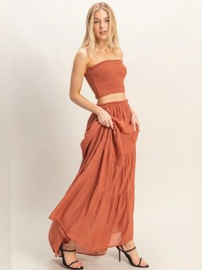 NEW HYFVE Rust Smocked Tube Top & Tiered Maxi Skirt Set Size Medium